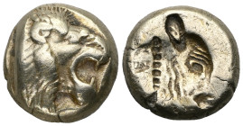 GREEK COINS LESBOS.Mytilene.(Circa 521-478 BC). EL Hekte. Obv : Head of roaring lion right. Rev : Incuse head of cow right. Bodenstedt Em. 13 ; SNG Co...
