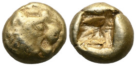 Greek Kings of Lydia. Sardeis. Time of Alyattes to Kroisos 620-539 BC. Hemihekte - 1/12 Stater EL Head of roaring lion right, "sun" with no rays on fo...