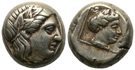 LESBOS. Mytilene. EL Hekte (Circa 377-326 BC). Obv: Laureate head of Apollo right. Rev: Female head (Artemis?) right within linear border. Bodenstedt ...
