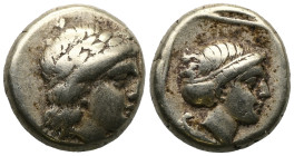LESBOS. Mytilene. EL Hekte (Circa 377-326 BC). Obv: Laureate head of Apollo right. Rev: Female head (Artemis?) right within linear border. Bodenstedt ...