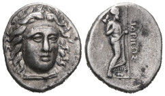 Greek Coins SATRAPS of CARIA.Maussolos.(Circa 377-353 BC).Halikarnassos.Drachm. Obv : Laureate head of Apollo facing slightly right. Rev : MAYΣΣΩΛΛON....