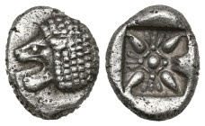 GREEK IONIA. Miletus. Ca. late 6th-5th centuries BC. AR obol. Forepart of roaring lion right, head reverted / Stellate floral pattern with central dia...