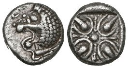 Greek SATRAPS OF CARIA. Hekatomnos, circa 392/1-377/6 BC. Obol (Silver), Milesian standard, Mylasa mint. Forepart of lion right, head turned left; abo...