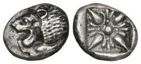 Greek Ionia, Miletos. 1/8 Obol; Ionia, Miletos; 478-390 BC, Obol. SNG Kayhan-476, Pozzi-2481. Obv: Forepart of lion r., head l. Rx: Stellate pattern w...