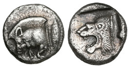 Mysia, Kyzikos AR Obol. Mysia, Kyzikos AR Obol. c. 450-400. Forepart of boar l., E (retrograde) on shoulder, tunny behind / Head of lion l. within inc...