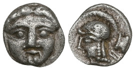 Greek Pisidia, Selge, AR Obol, (Silver), Circa 350-300 BC. Obv: Facing gorgoneion. Rev: Helmeted head of Athena left; astragalos to right, coiled serp...