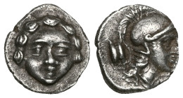 Greek Pisidia, Selge, AR Obol, (Silver), Circa 350-300 BC. Obv: Facing gorgoneion. Rev: Helmeted head of Athena to right. Ref: SNG BN 1929-30 var. (as...