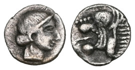 Greek Pamphylia, Side, AR Obol, (Silver), 3rd-2nd centuries BC. Obv: Helmeted head of Athena right. Rev: Head of lion left with open mouth. Ref: SNG B...