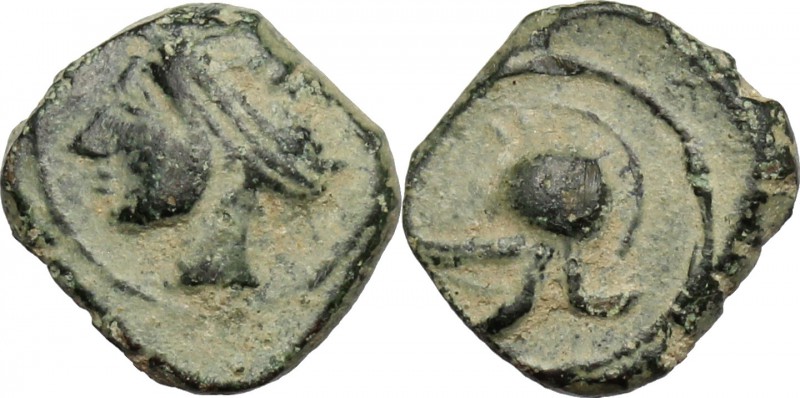 Hispania. Punic Spain. AE 1/5 units, 237-209 BC. D/ Head of Tanit left. R/ Corin...