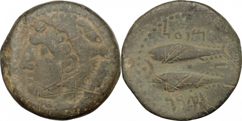 Hispania. Gades. AE Unit, late 2nd century BC. D/ Head of Melqart left, wearing ...