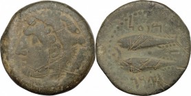 Hispania. Gades. AE Unit, late 2nd century BC. D/ Head of Melqart left, wearing lion's skin, holding club over shoulder. R/ Two tunny fish left; to le...