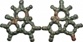 Celtic World. AE Ring-money in shape of three attached rings with extensions, all formed by pellets, ca. 1st century AD. AE. g. 7.74 mm. 34.00 R. Dark...