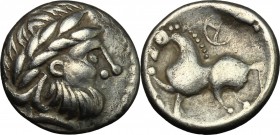 Celtic World. Celtic, Eastern Europe. , Syrmia. The Skordoski. AR Drachm, 3rd-2nd century BC. D/ Head of Zeus right, laureate. R/ Horse left; above, w...