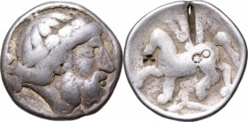 Celtic World. Transylvania. AR Tetradrachm, 3rd century AD. D/ Head of Zeus right, laureate. R/ Horseman galloping left. AR. g. 12.62 mm. 25.00 Toned....