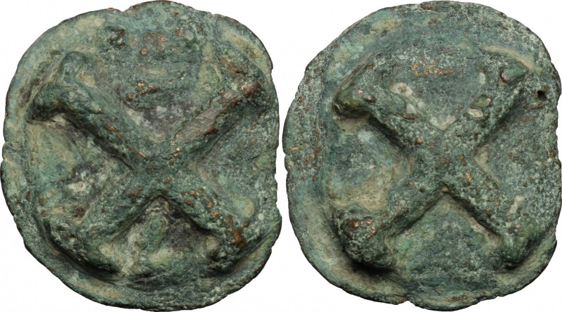 Greek Italy. Northern Apulia, Luceria. AE Quincunx (cast), 225-217 BC. D/ Wheel ...
