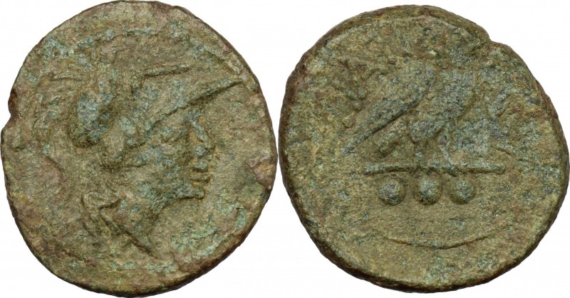 Greek Italy. Northern Apulia, Teate. AE Teruncius, 225-200 BC. D/ Head of Athena...