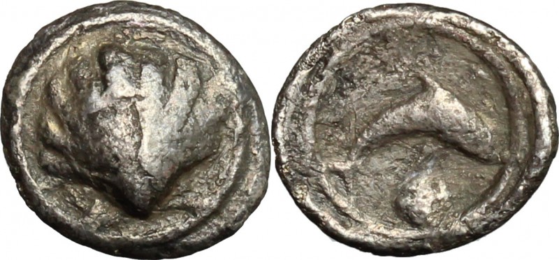 Greek Italy. Southern Apulia, Tarentum. AR 1/10 Stater, 500-480 BC. D/ Shell. R/...