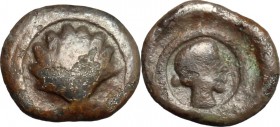 Greek Italy. Southern Apulia, Tarentum. AR Litra, 470-450 BC. D/ Shell. R/ Female head right within linear circle. HN Italy 840. Vlasto 1149-52. AR. g...