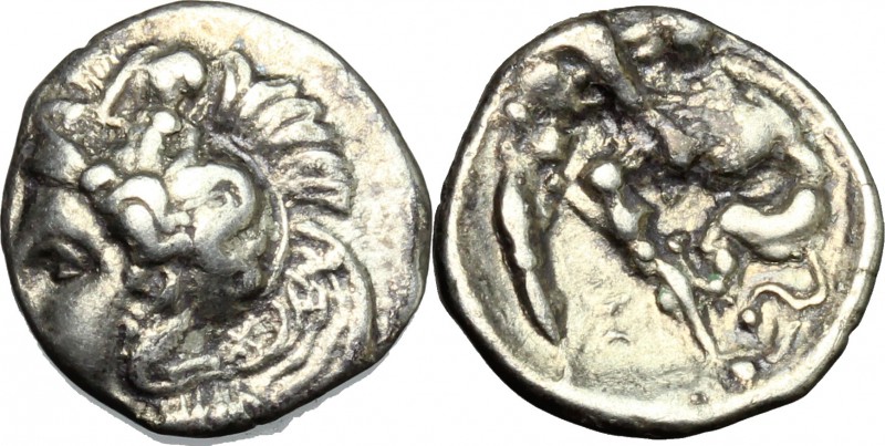 Greek Italy. Southern Apulia, Tarentum. AR Diobol, 380-325 BC. D/ Head of Athena...