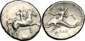 Greek Italy. Southern Apulia, Tarentum. AR Nomos, 280-272 BC. D/ Horseman right, crowning himself; below, Ionic capital. R/ Phalantos riding on dolphi...