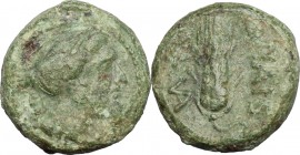 Greek Italy. Northern Lucania, Poseidonia-Paestum. AE Uncia, 218-201 BC. D/ Head of Artemis right, holding over shoulder bow and quiver. R/ Corn-ear. ...