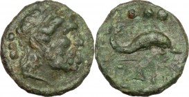 Greek Italy. Northern Lucania, Poseidonia-Paestum. AE Quadrans, 218-201 BC. D/ Male head right, diademed; behind, three pellets. R/ Dolphin right; abo...