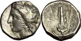 Greek Italy. Southern Lucania, Metapontum. AR Stater, 330-280 BC. D/ Head of Demeter left, wearing wreath of corn-ears. R/ Ear of barley. SNG ANS 455....
