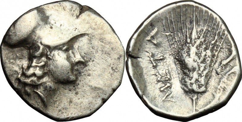 Greek Italy. Southern Lucania, Metapontum. AR Diobol, 325-275 BC. D/ Head of Ath...