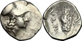 Greek Italy. Southern Lucania, Metapontum. AR Diobol, 325-275 BC. D/ Head of Athena right, helmeted. R/ Ear of barley; to right, cornucopiae. SNG Cop....
