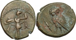 Greek Italy. Southern Lucania, Metapontum. AE 15mm, 300-250 BC. D/ Athena Alkidemos standing left, holding spear and shield. R/ Owl standing left; bef...