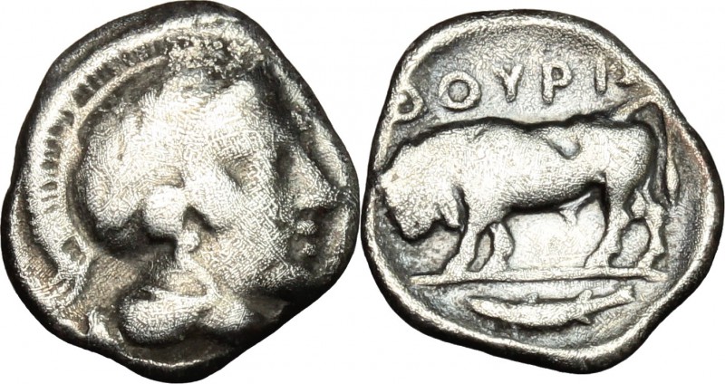 Greek Italy. Southern Lucania, Thurium. AR Diobol, c. 443-400. D/ Head of Athena...