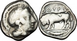Greek Italy. Southern Lucania, Thurium. AR Diobol, c. 443-400. D/ Head of Athena right, wearing laureate crested Attic helmet. R/ ΘOYPIΩ. Bull chargin...