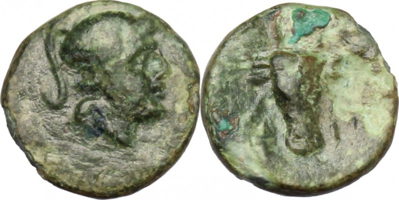 Greek Italy. Southern Lucania, Thurium. AE 9mm, after 300 BC. D/ Head of Athena ...