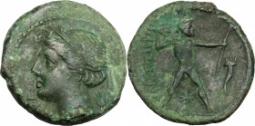 Greek Italy. Bruttium, The Brettii. AE Half, 214-211 BC. D/ Head of Nike left, diademed. R/ Zeus striding right; hurling thunderbolt and holding scept...