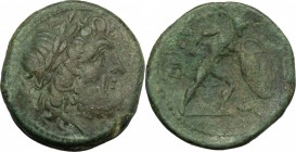 Greek Italy. Bruttium, The Brettii. AE Reduced uncia, 211-208 BC. D/ Head of Zeus right, laureate. R/ Warrior striding right, holding spear and large ...