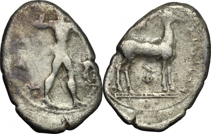 Greek Italy. Bruttium, Kaulonia. AR Drachm, 450-445 BC. D/ Apollo advancing righ...