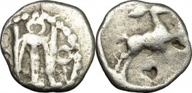 Greek Italy. Bruttium, Kroton. AR Diobol, c. 525-425 BC. D/ Tripod; O to either side. R/ Hare running right. Cf. HN Italy 2133 var. (O's on reverse). ...