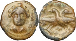 Greek Italy. Bruttium, Laus. AE 16mm, 350-300 BC. D/ Female head facing; to right, club. R/ Two birds crossing path. HN Italy 2301. AE. g. 3.04 mm. 16...