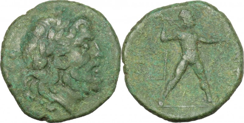 Greek Italy. Bruttium, Petelia. AE Quadrans 200-90 BC. D/ Head of Zeus right, la...
