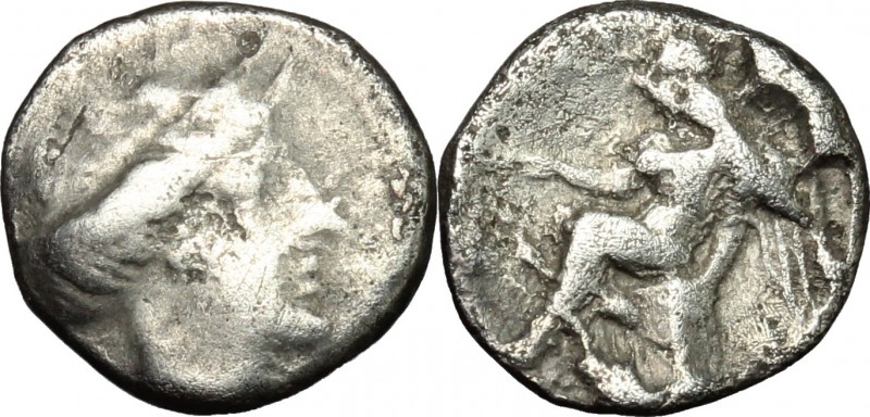 Greek Italy. Bruttium, Terina. AR Triobol, c. 400-356 BC. D/ Head of nymph right...