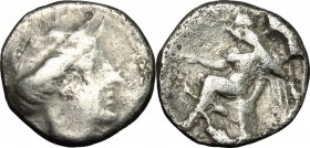 Greek Italy. Bruttium, Terina. AR Triobol, c. 400-356 BC. D/ Head of nymph right. R/ Nike seated left on cippus, holding uncertain object. HN Italy 26...