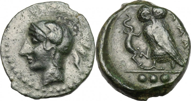 Sicily. Kamarina. AE Tetras, 410-405 BC. D/ Head of Athena left, helmeted. R/ Ow...