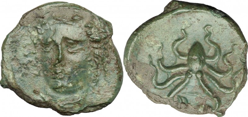 Sicily. Syracuse. AE 14mm, after 410 BC. D/ Head of Arethusa three-quarter to le...