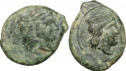 Sicily. Thermae Himerenses. AE 16mm, 407-406 BC. D/ Head of Heracles right, wearing lion's skin. R/ Head of Hera right, wearing stephane. CNS I, 5. AE...