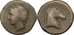 Bruttium, Carthaginians in South-West Italy. AE Unit, 'Locri' type, 215-205 BC. D/ Head of Tanit-Demeter left, wearing wreath of grain ears. R/ Head o...