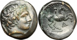 Continental Greece. Kings of Macedon. Philip II (359-336 BC). AE 17mm, 359-336 BC. D/ Head of Apollo right, wearing taenia. R/ Horseman galloping righ...