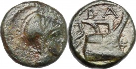 Continental Greece. Kings of Macedon. Demetrios Poliorketes (306-283 BC). AE 11mm, Tarsus mint, 306-283 BC. D/ Head right, helmeted. R/ Prow right. SN...