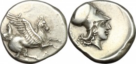 Continental Greece. Epeiros, Ambrakia. Ar Stater, 360-338 BC. D/ Pegasus flying right. R/ Head of Athena right, helmeted; behind, thymiaterion. Calcia...