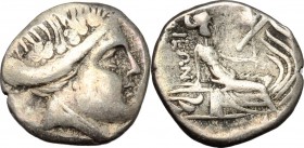 Continental Greece. Euboia, Histiaia. AR Tetrobol, 3rd century-146 BC. D/ Head of Maenad right, wearing ivy-wreath. R/ Nymph Histiaia seated right on ...