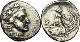 Continental Greece. Euboia, Histiaia. AR Tetrobol,3rd century-146 BC. D/ Head of Maenad right, wearing wine-wreath. R/ Nymph Histiaia seated right on ...